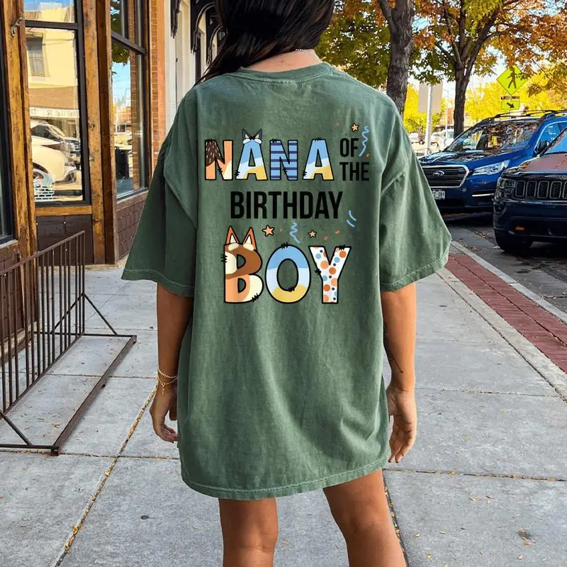 Nana Of The Birthday Boy Party Blue Dog Lover Matching Women's Oversized Comfort T-Shirt Back Print