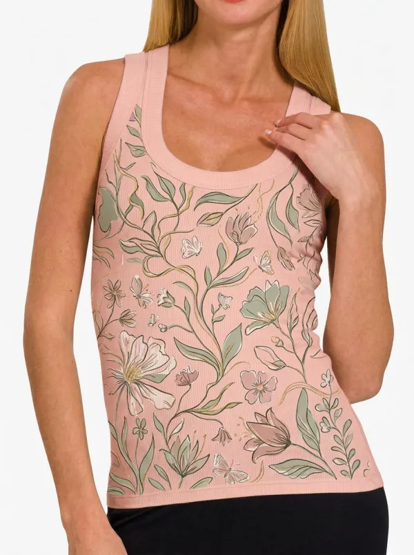 Women's Botanical Floral Butterfly Printed Ribbed Tank Top