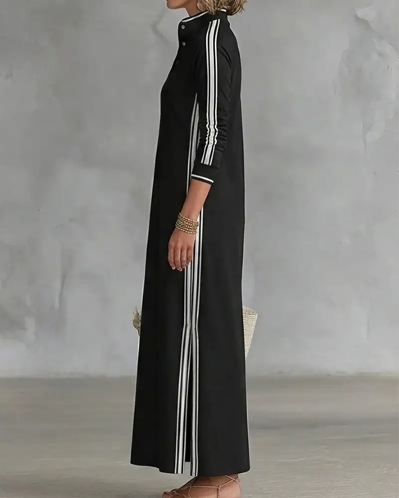 Sporty Chic Button Collar Maxi Dress with Side Stripes
