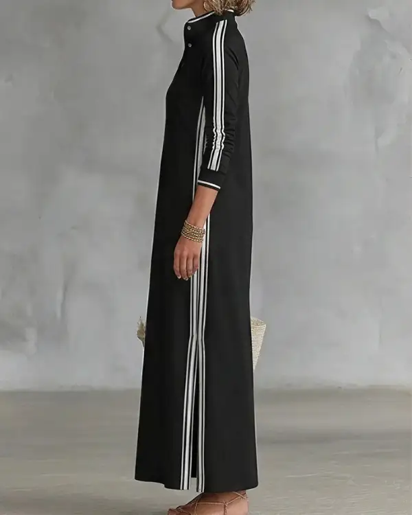 Sporty Chic Button Collar Maxi Dress with Side Stripes
