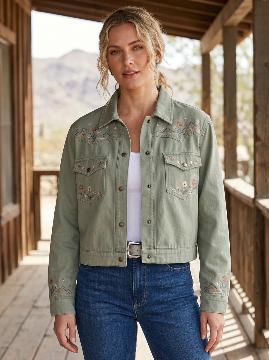 Women's Classic Western Mountain Floral Embroidery Floral Embroidered Denim Jacket