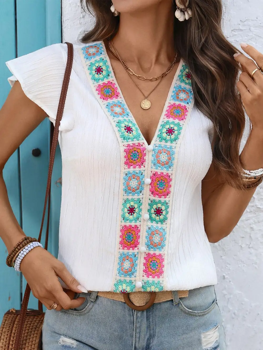 Embroidery V Neck Flutter Sleeve Blouse
