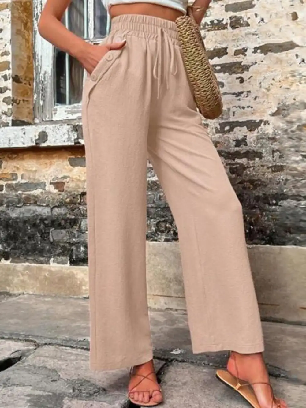 Tied High Waist Wide Leg Pants With Pocket