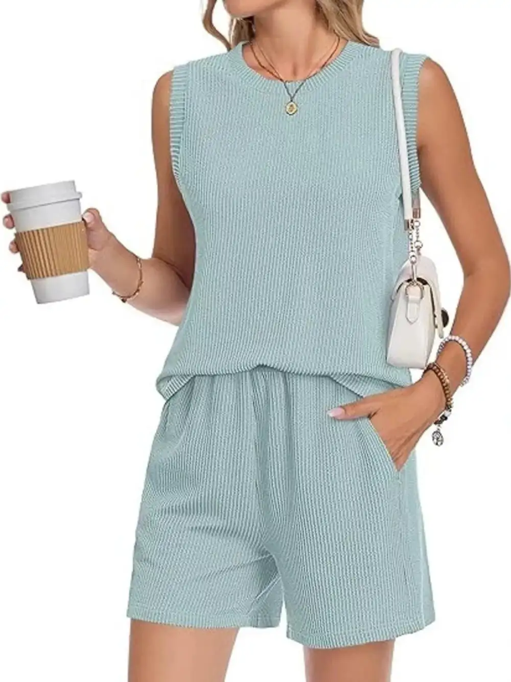 Casual Ribbed Knit Sleeveless Top Shorts Set