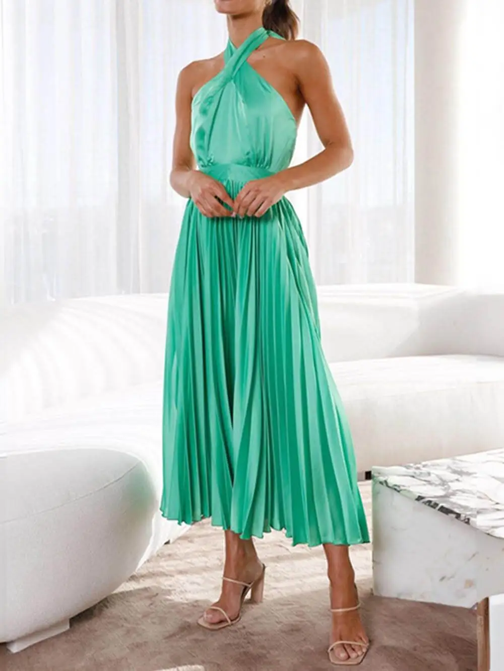 Neckline Pleated Vacation Occasion Dresses Midi Dress