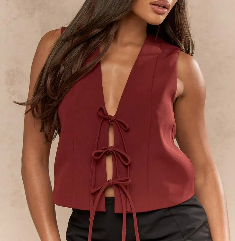Burgundy V Neck Tie Detail Vest