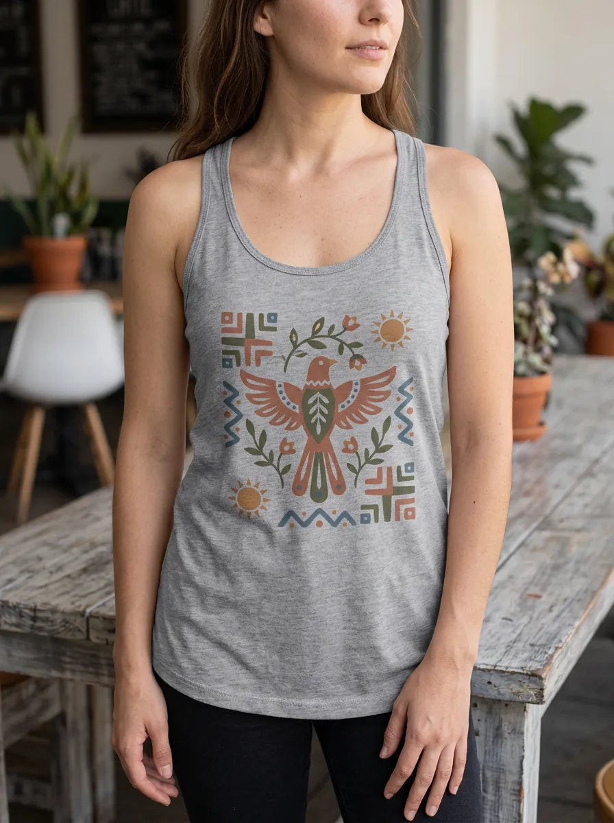 Women's Boho Nature Lover Bird Sun Floral Printed Tank Top