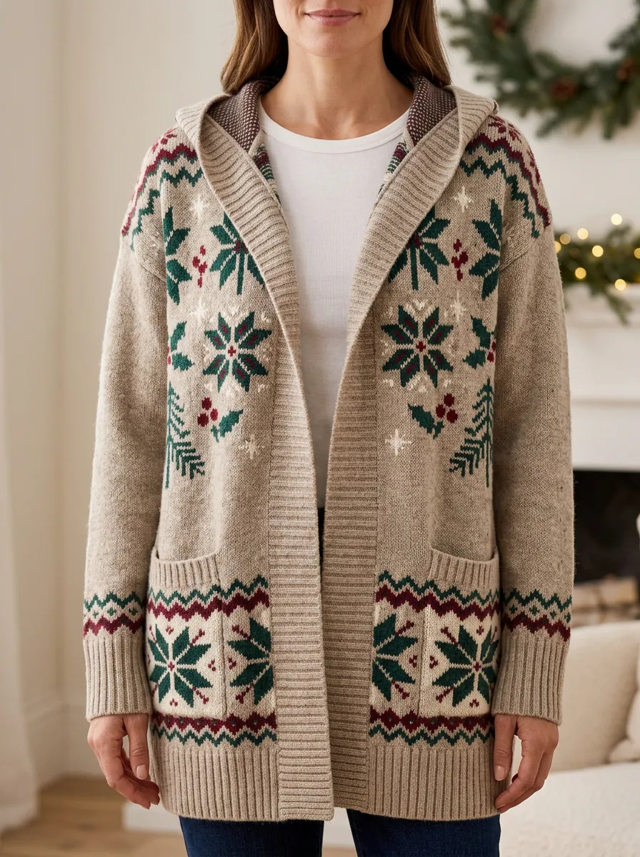 Christmas Snowflake Holly Print Hooded Cardigan