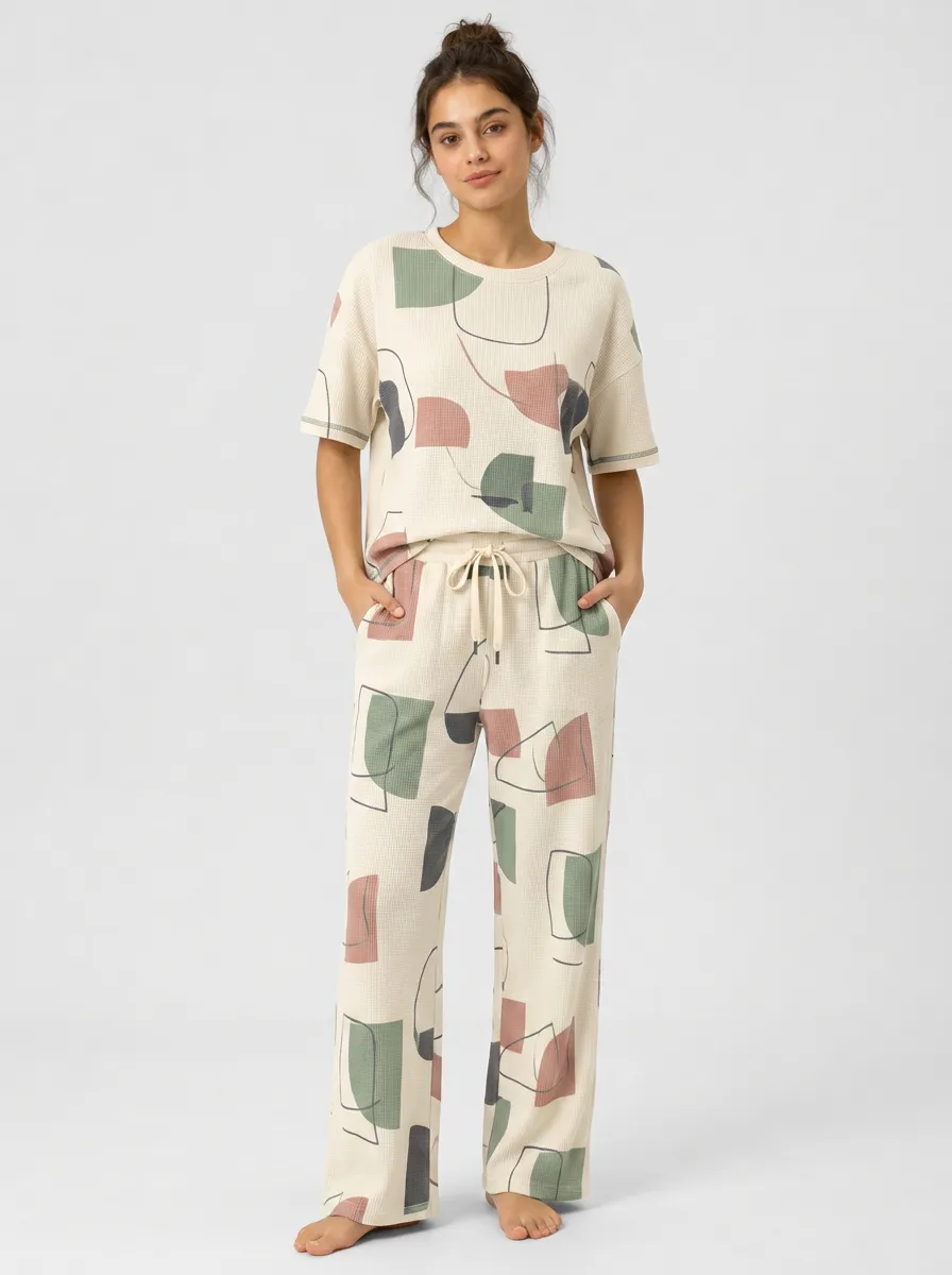 Women's Abstract Geometric Pattern Printed Waffle Lounge Set