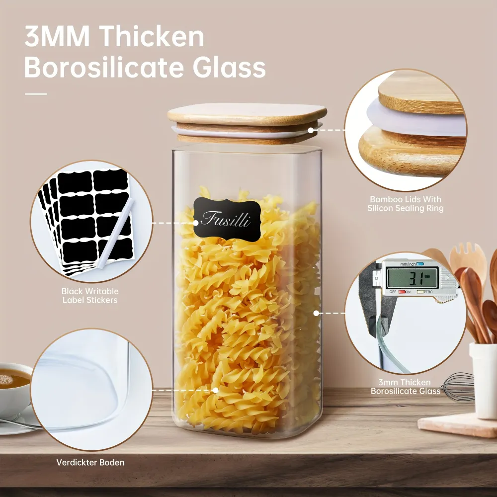 Stackable Glass Food Storage Jars with Bamboo Lids, Kitchen Tool for Pantry Organization