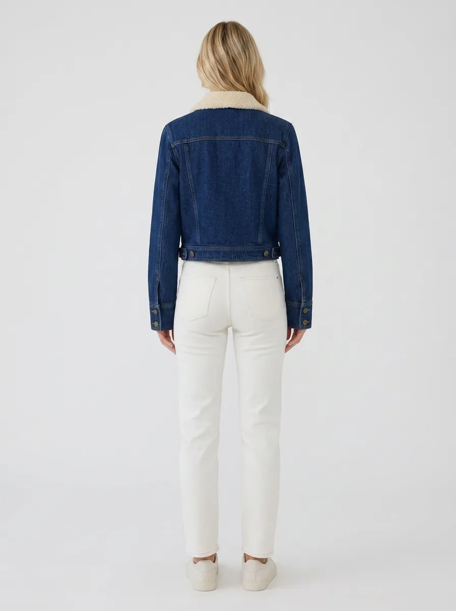 Women's Floral Embroidery Sherpa Collar Denim Jacket