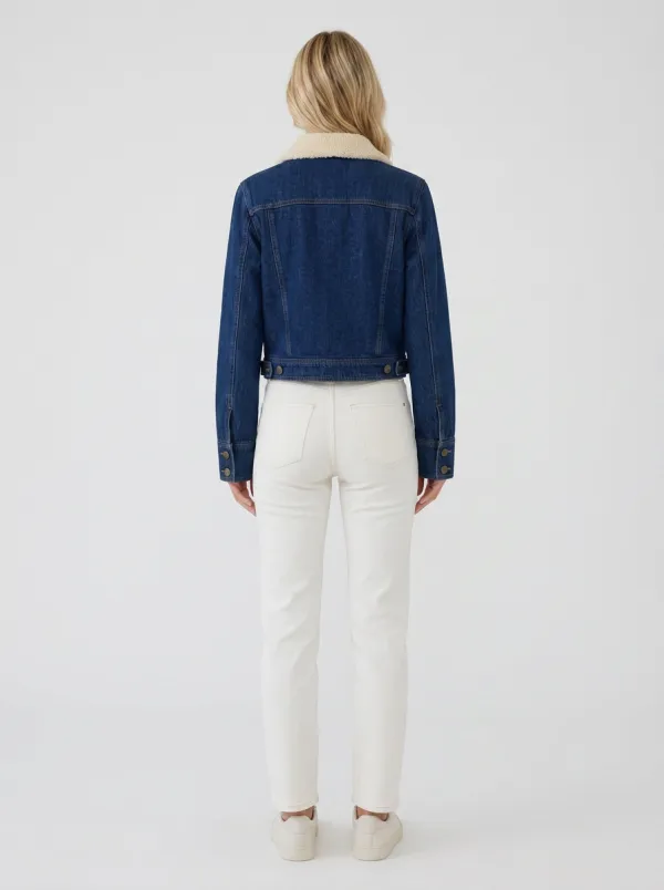 Women's Floral Embroidery Sherpa Collar Denim Jacket