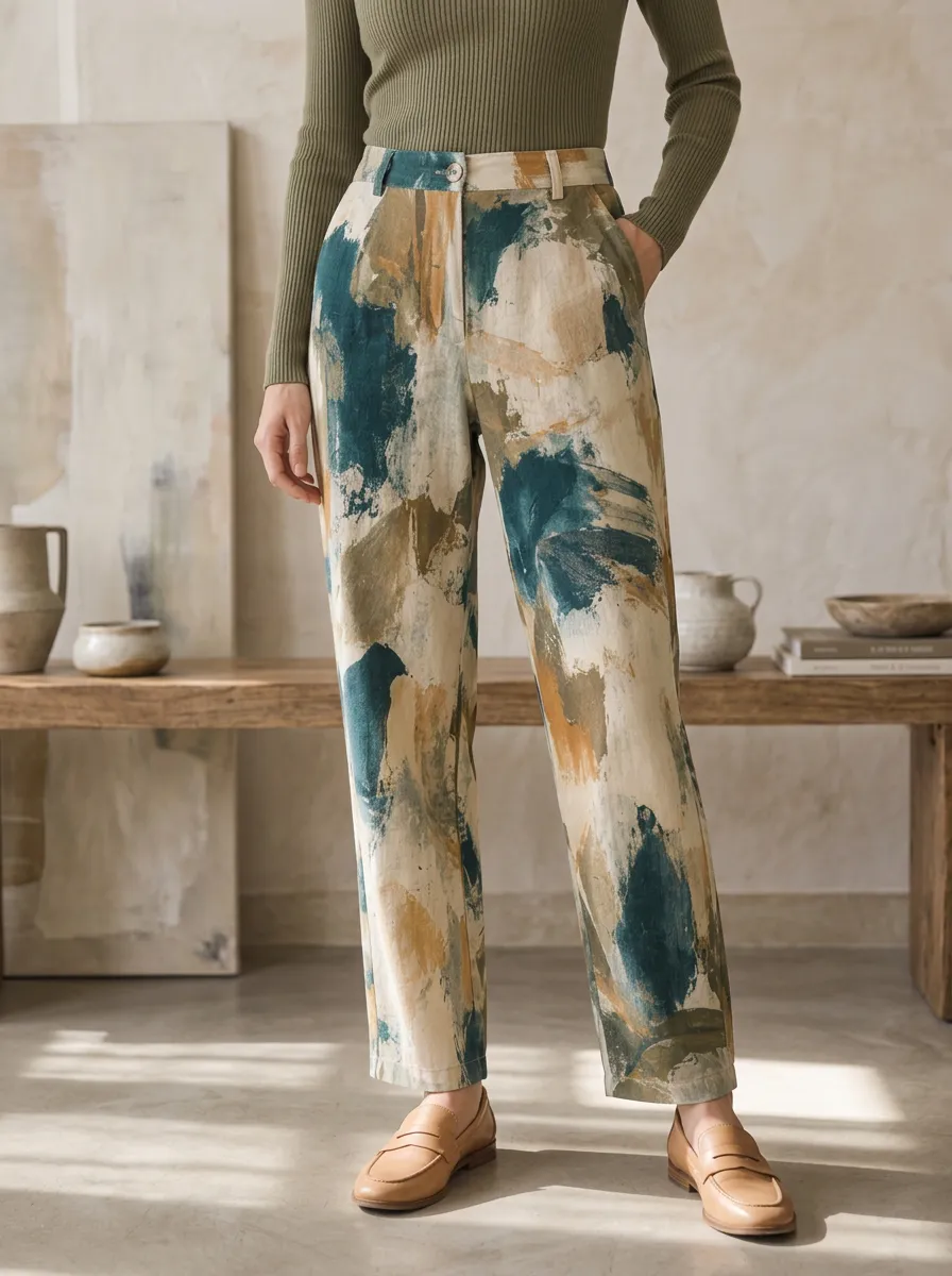 Women's Relaxed Abstract Art Oil Painting Printed Trousers