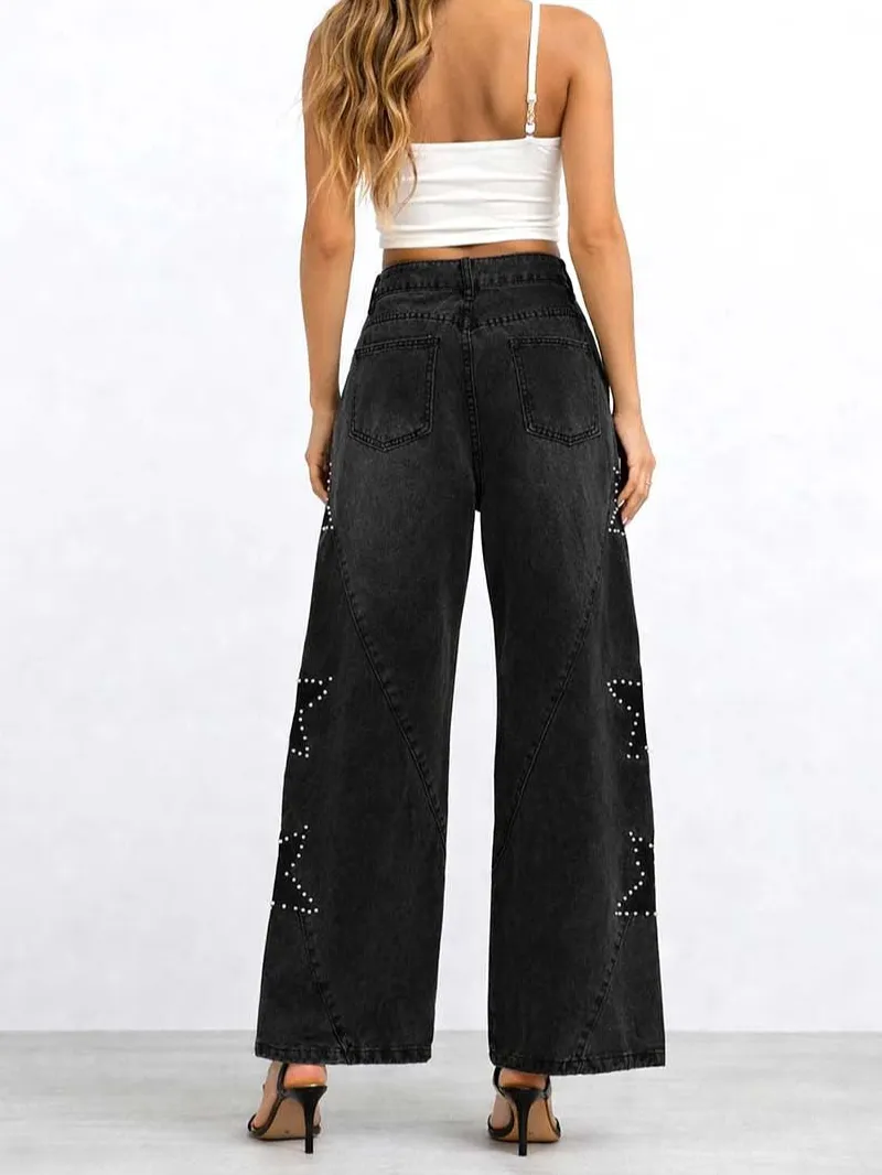 Faux Pearl Star Button Fly Wide Leg Denim Pants