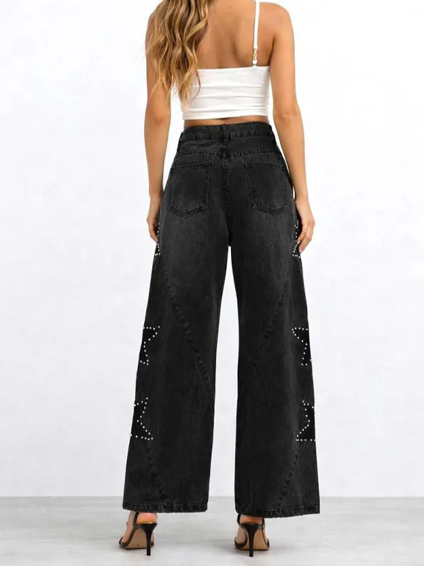Faux Pearl Star Button Fly Wide Leg Denim Pants