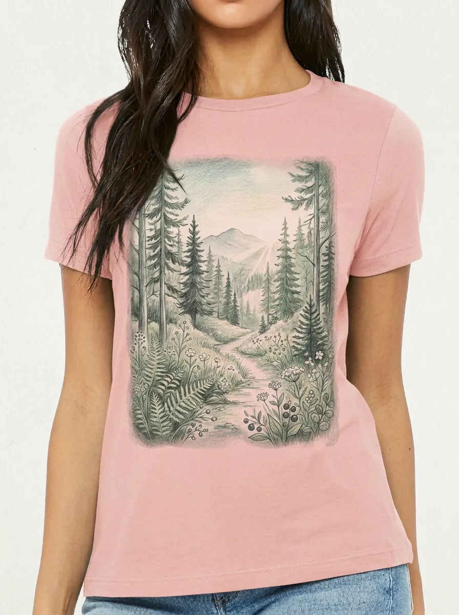 Women's Nature Lover Mountain Forest Path Printed T-shirt
