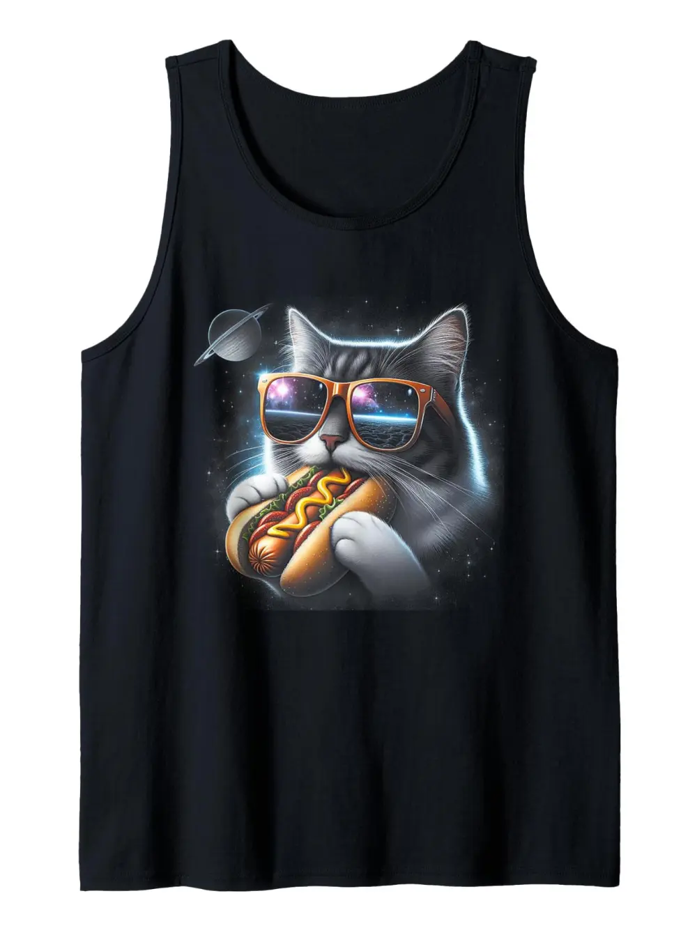 Cat Eating Hot-Dog Print Tank Top