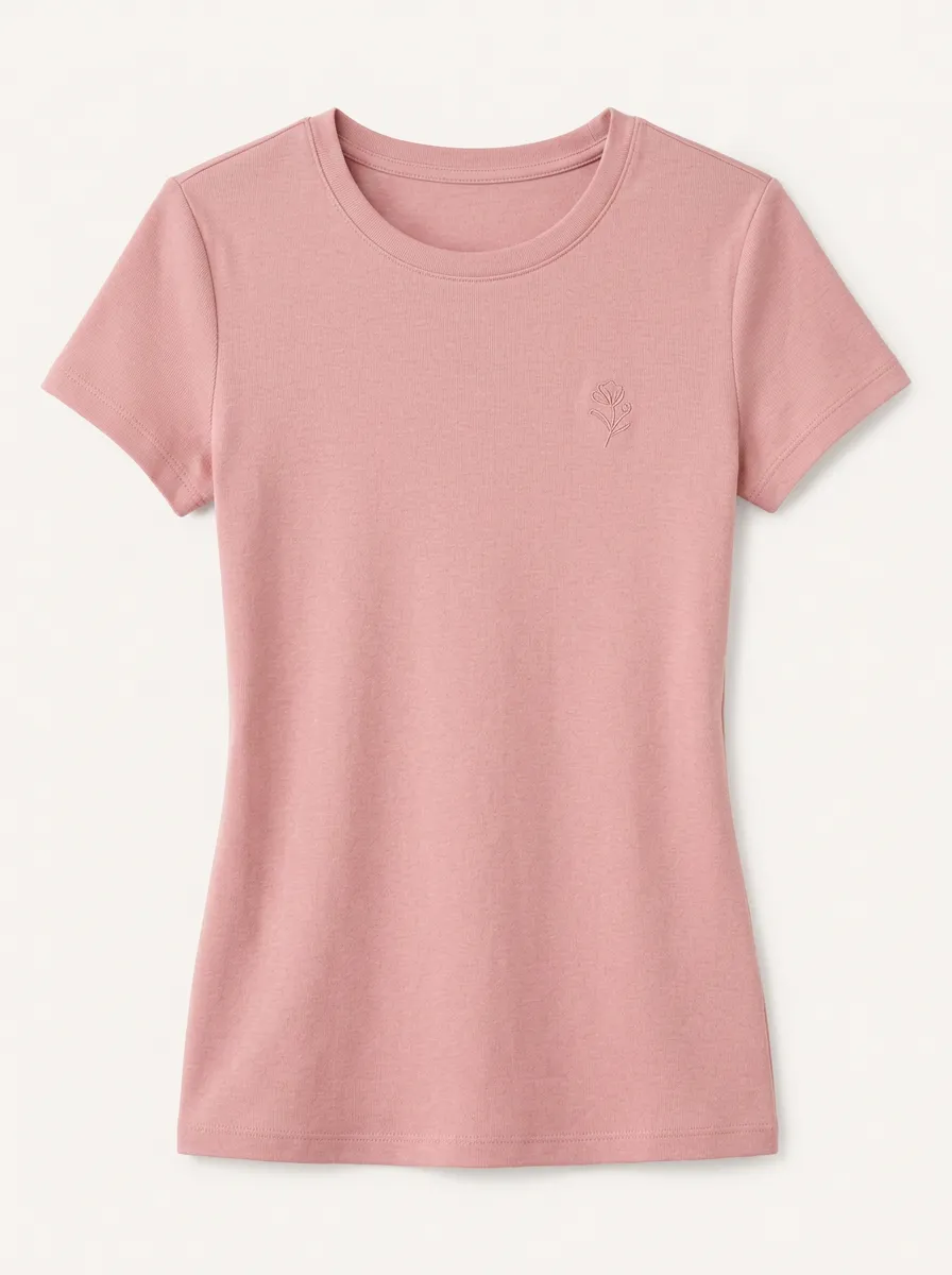 Women's Minimalist Floral Embroidered Pink Cotton T-shirt