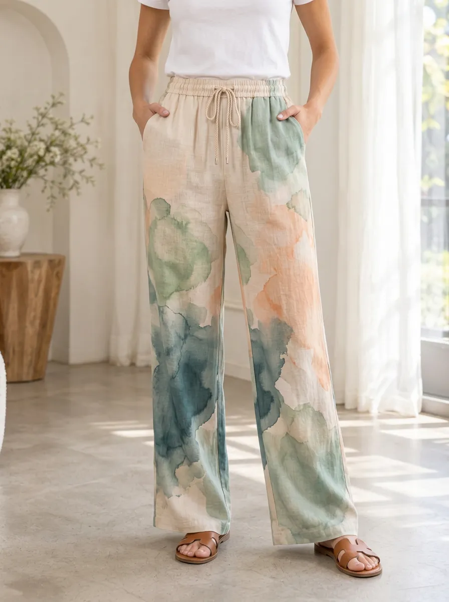 Women's Abstract Watercolor Print Casual Printed Pants