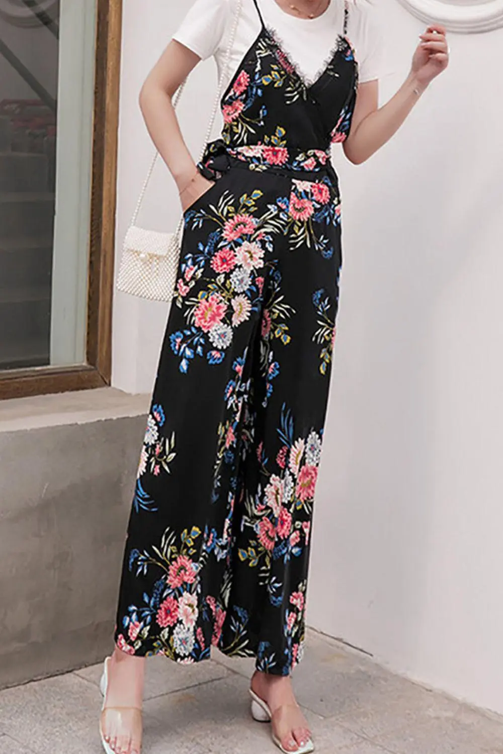 Floral Spaghetti Strap Wide Leg Jumpsuit Accessory