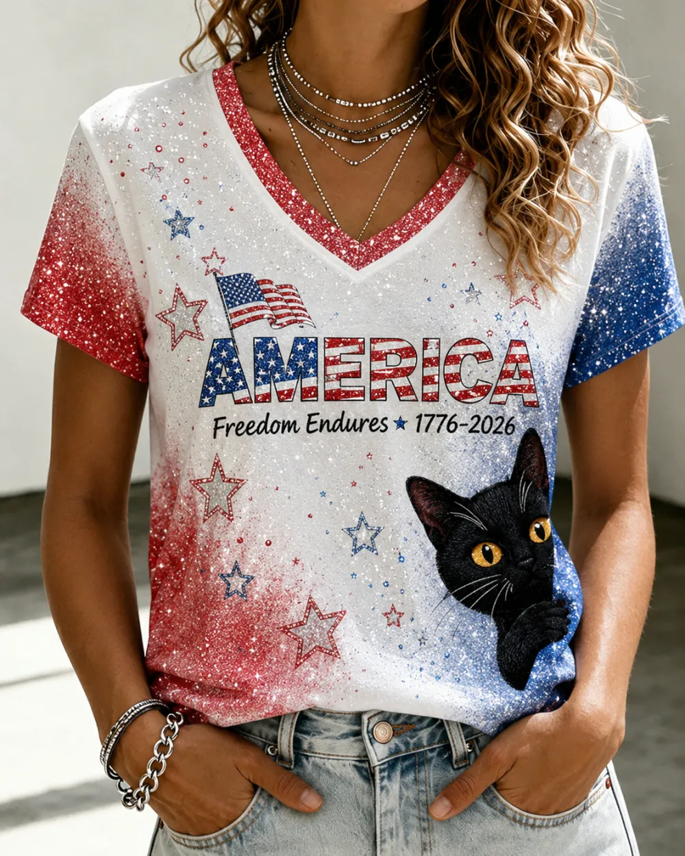Women'S Flag Flower Cat Print Casual V-Neck Top