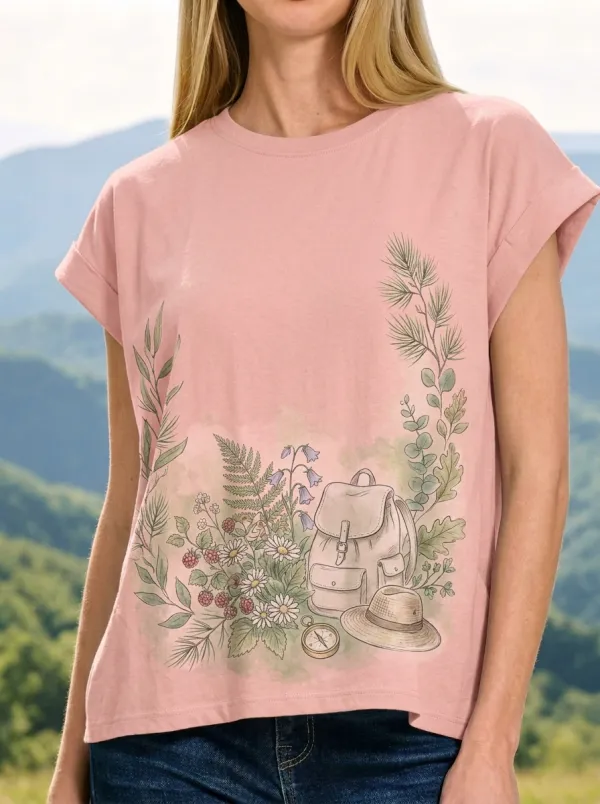 Women's Nature Hiking Backpack Compass Wildflower Printed T-shirt