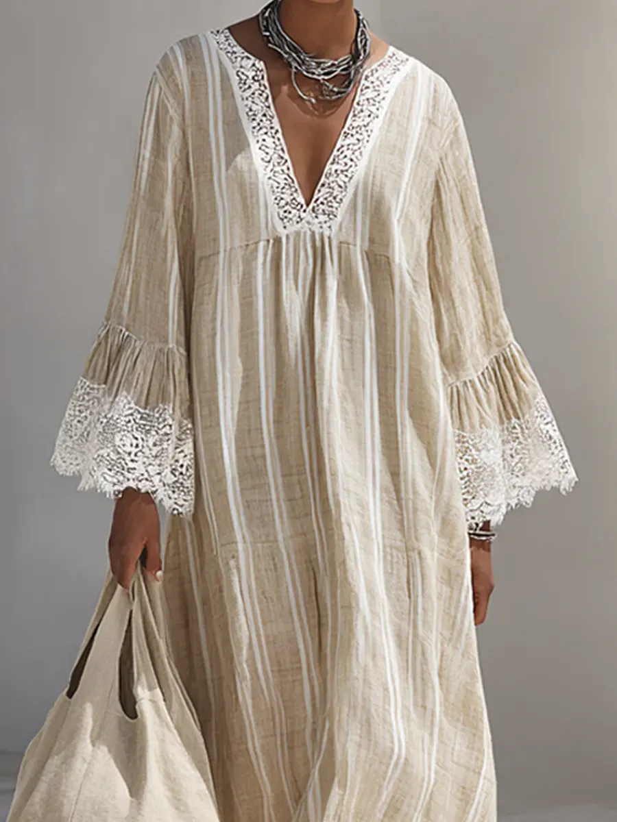 Minimalist Linen Blend Embroidered Short-sleeved Shirt Maxi Dress