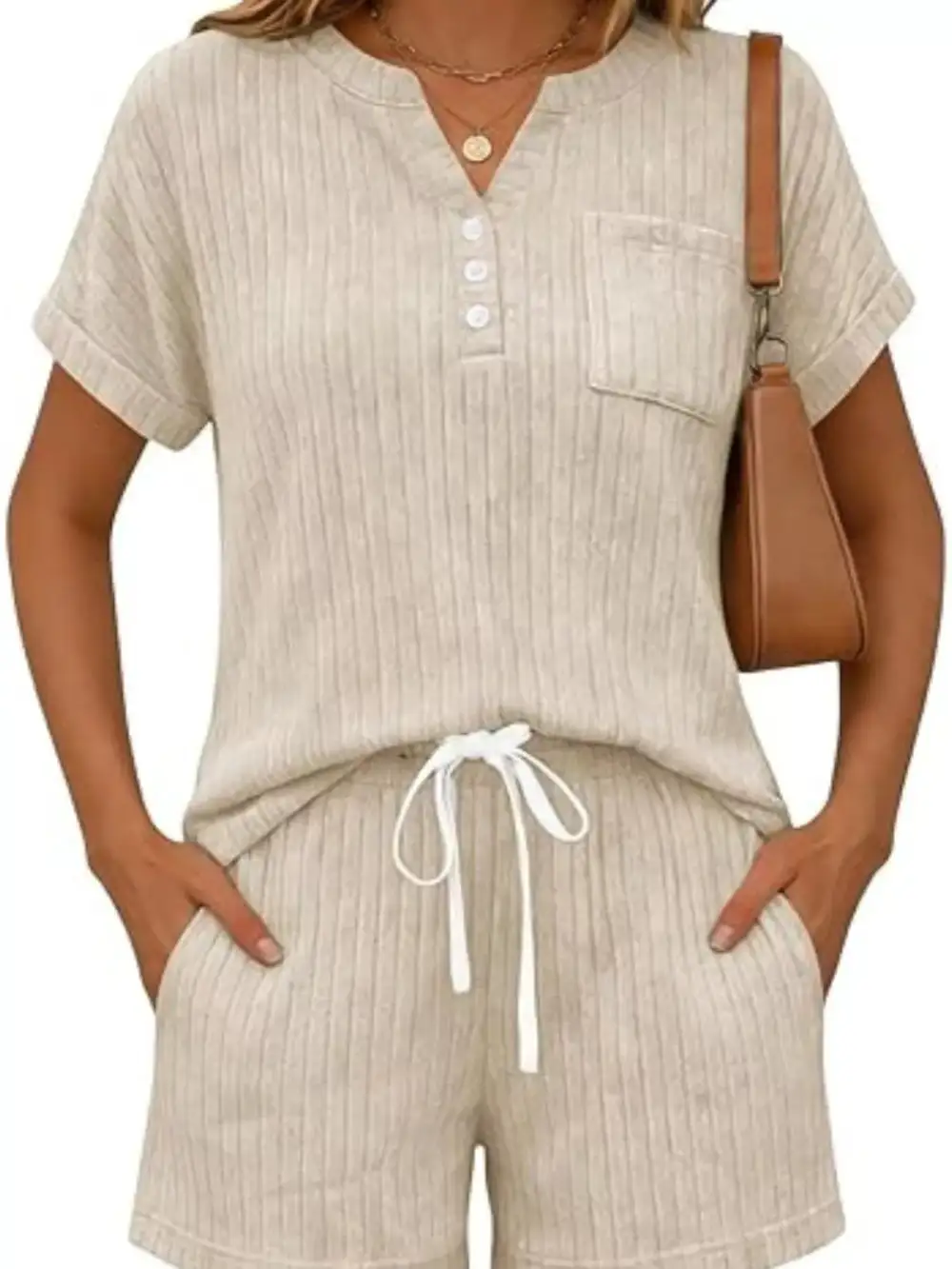 Casual Ribbed Knit Tee Shorts Set