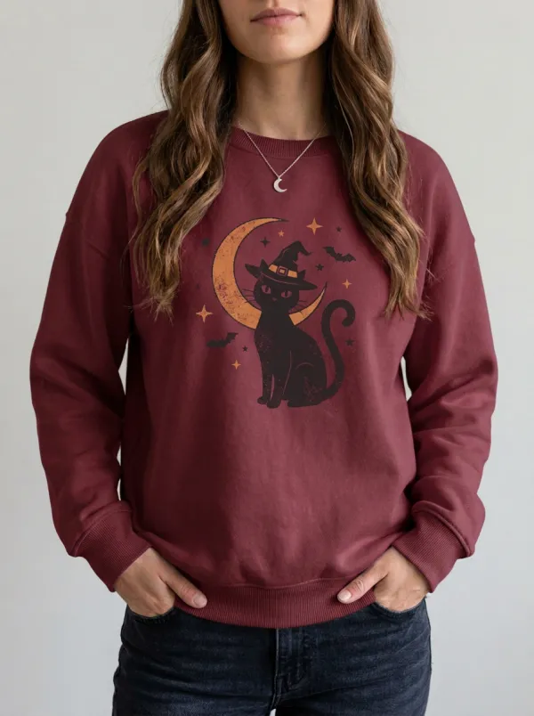 Women's Halloween Witch Cat Moon Bats Printed Sweatshirt