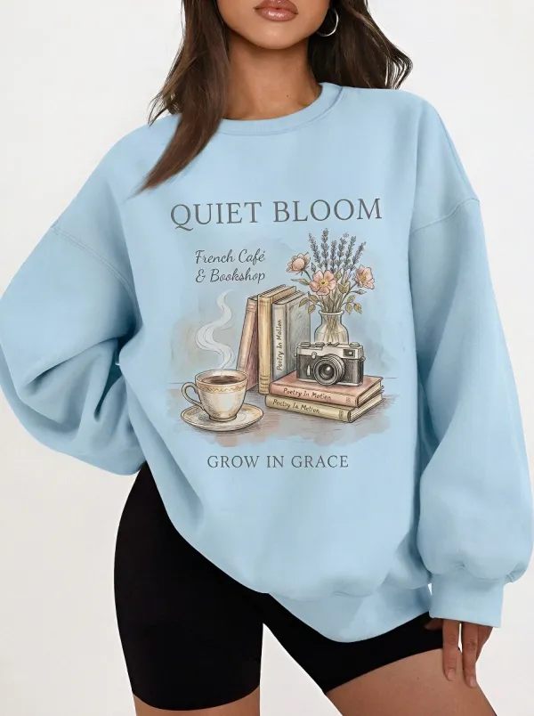 Women's Book Lover French Cafe Floral Camera Printed Sweatshirt