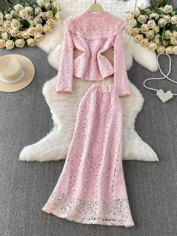 Graceful Lace Button Up Top And Skirt Set