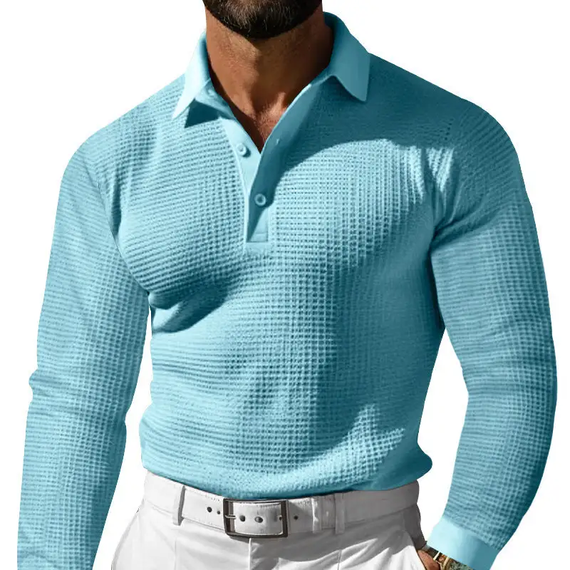 Waffle Texture Button Placket Long Sleeve Slim Fit Polo Shirt