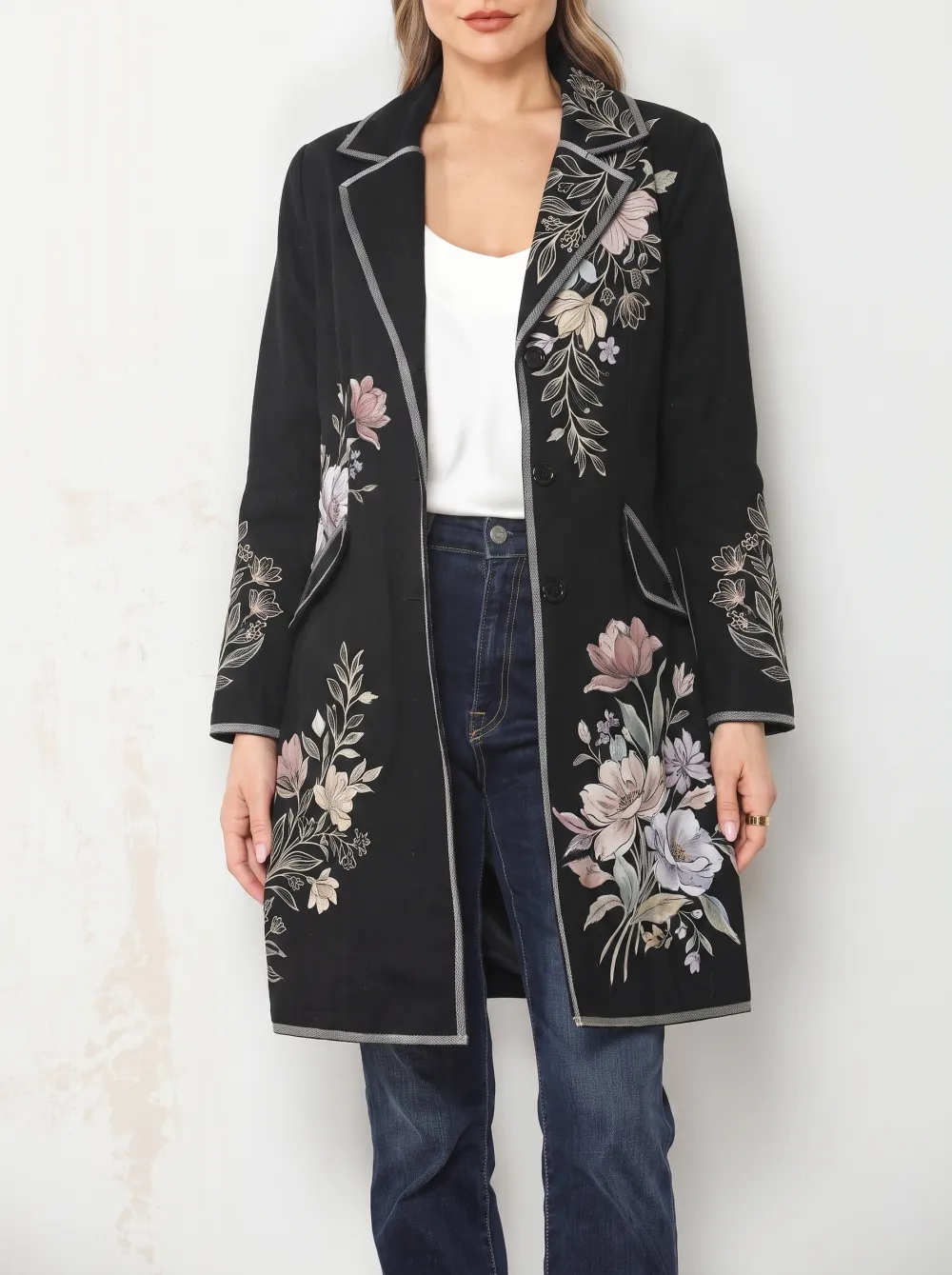 Women's Floral Art Vintage Style Printed Long Blazer Coat