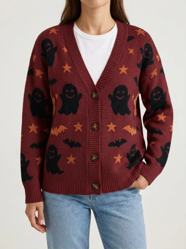 Women's Halloween Ghost Bat Star Patterned Knitted Cardigan