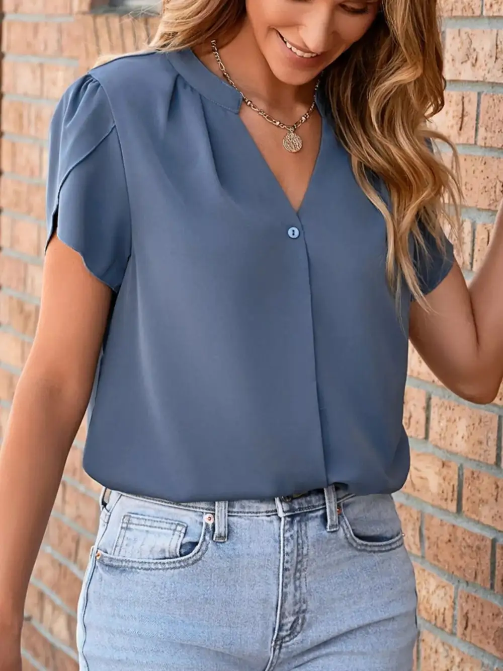 Relaxed Notched Petal Sleeve Blouse