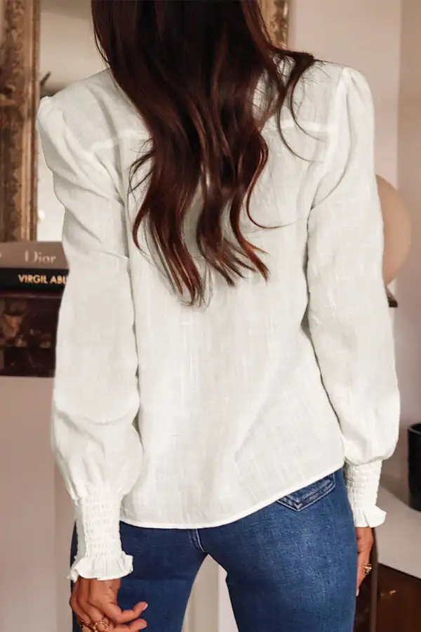 Floral Embroidered Shirred Shirt Blouse