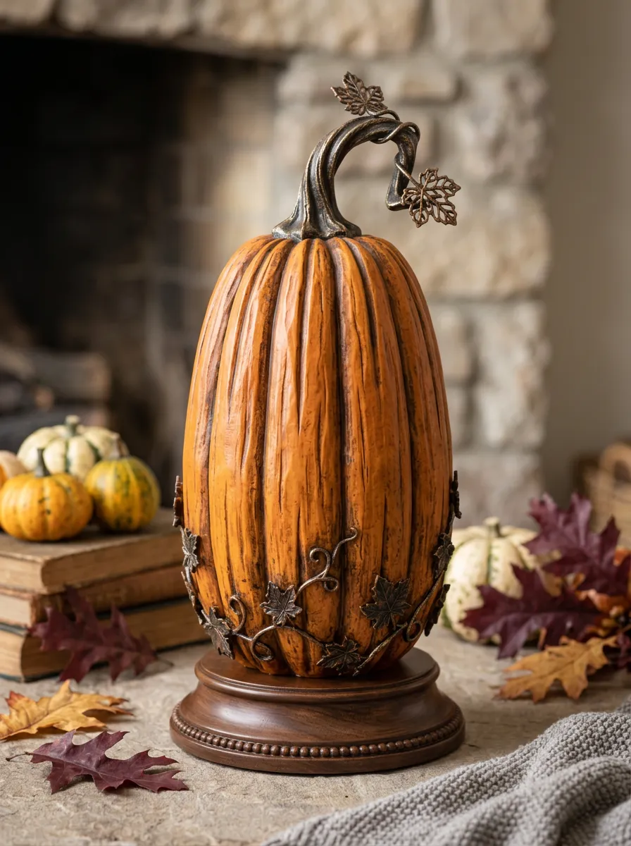 Halloween Rustic Carved Pumpkin Metal Leaf Table Ornament