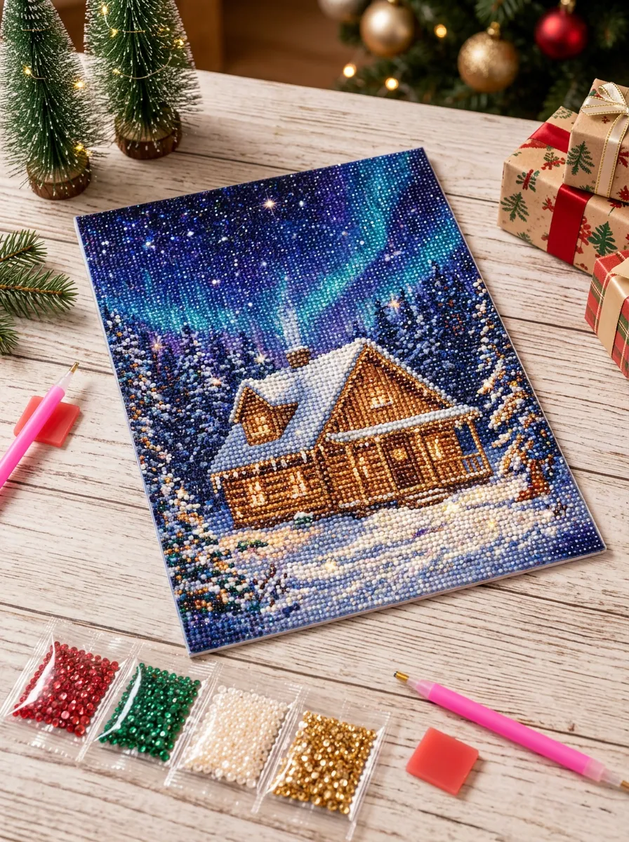 Aurora Cabin Night Sky Christmas DIY Diamond Painting Kit