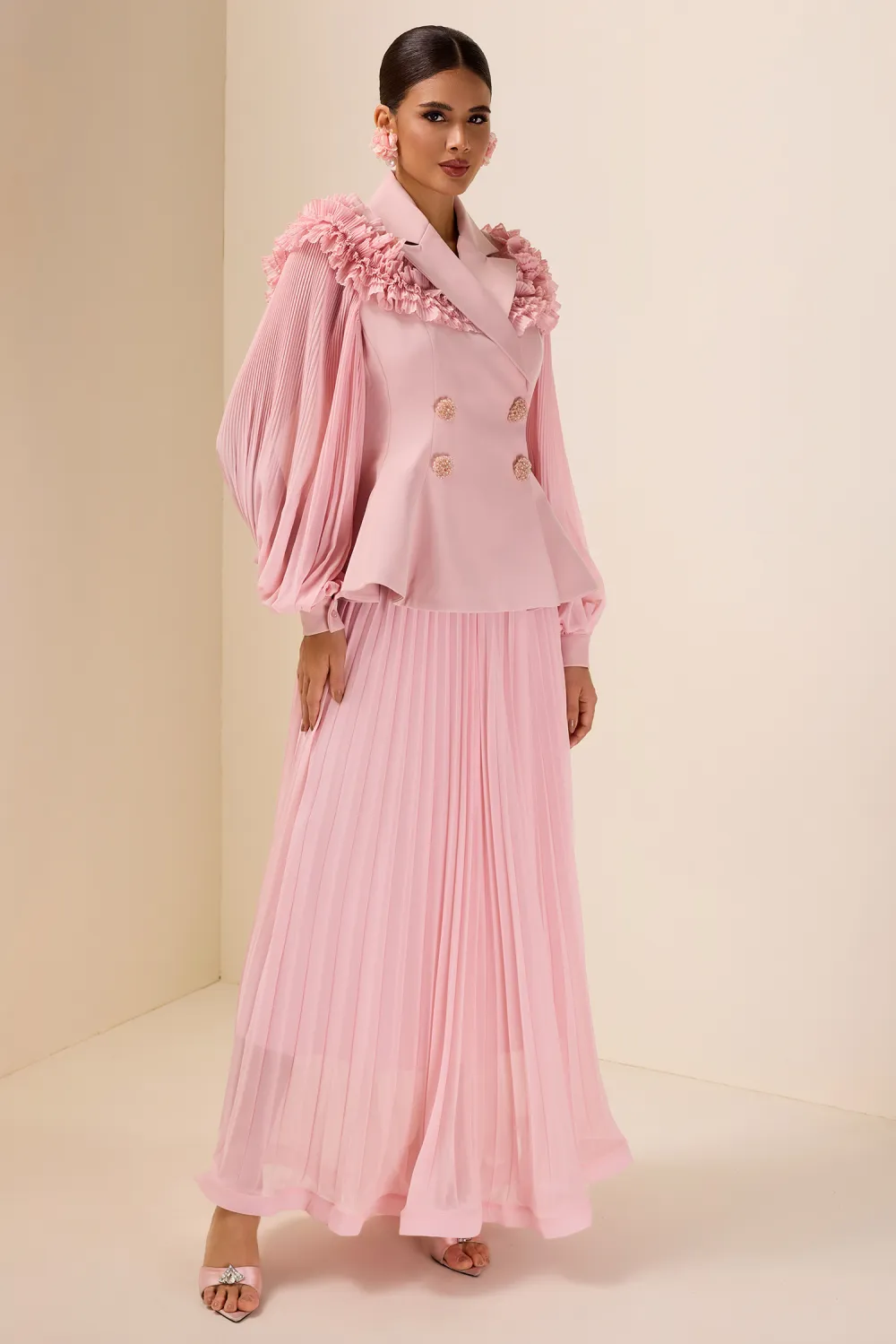 Frill Tailored Collar Pleated Top & Maxi Skirt Set