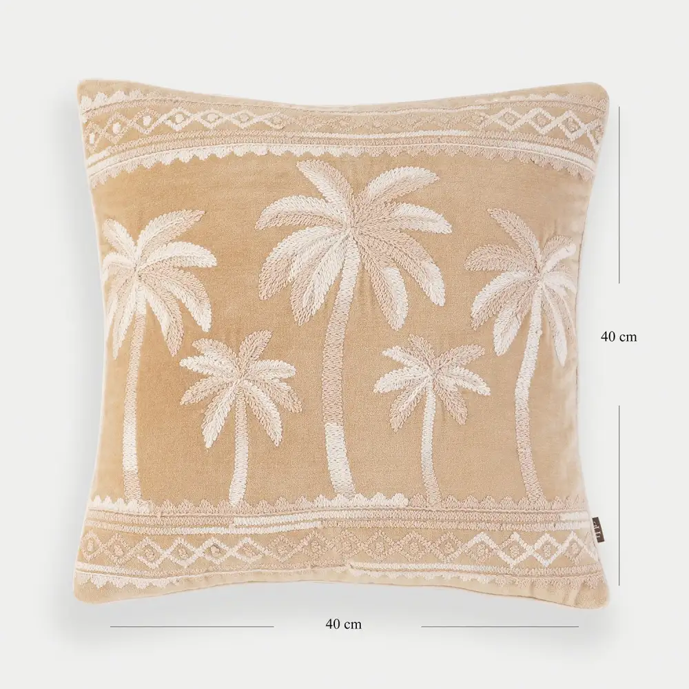 Beige Palm Embroidered Cushion Cover