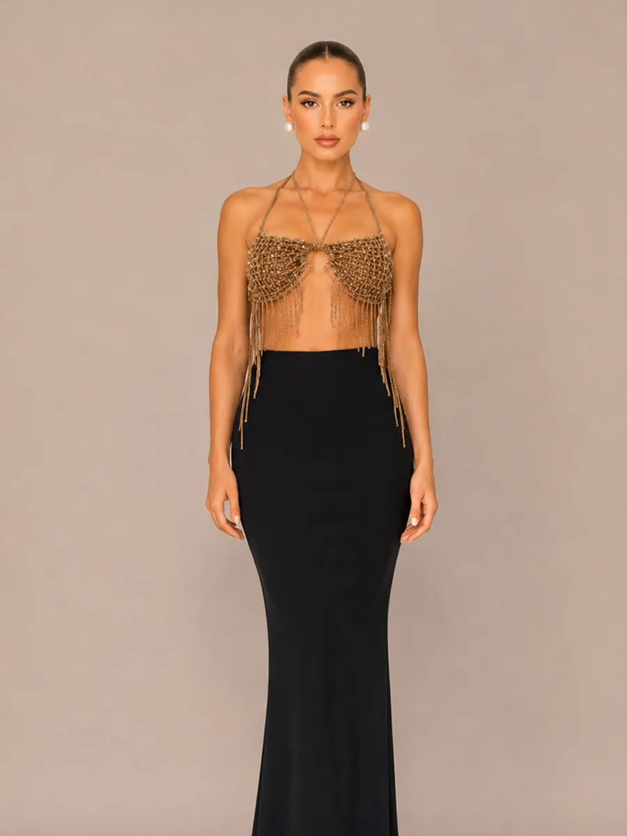 Olena Woven Halter Neck Two-Piece Set with Tassels