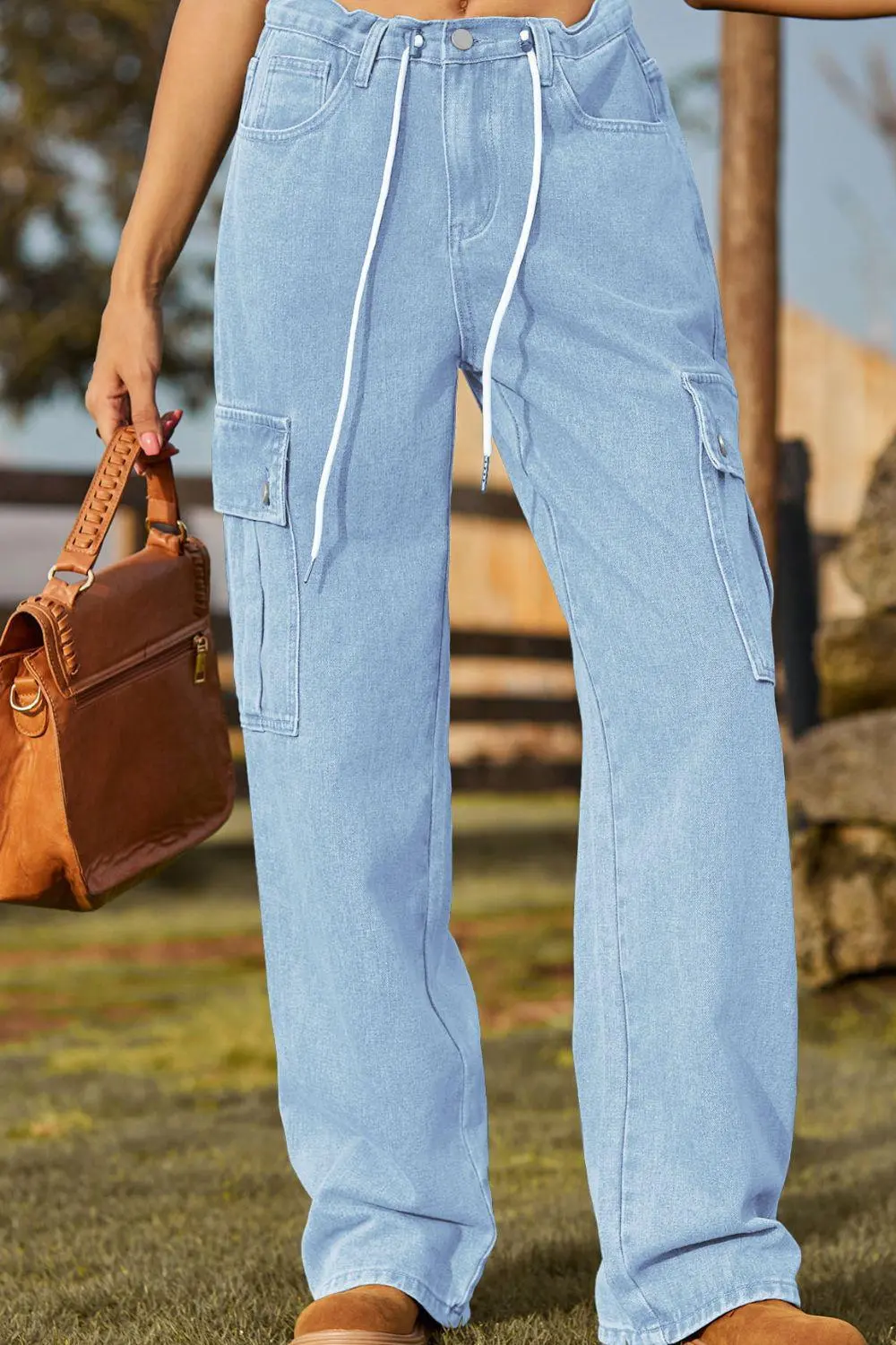 Loose Fit Drawstring Pocket Denim Jeans