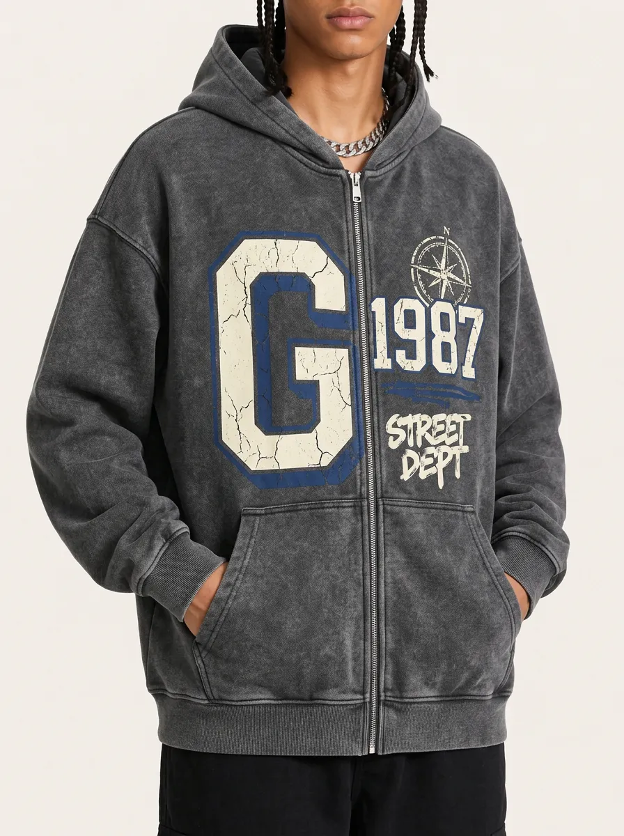 Men's Streetwear 1987 Compass Graphic Printed Zip-Up Hoodie