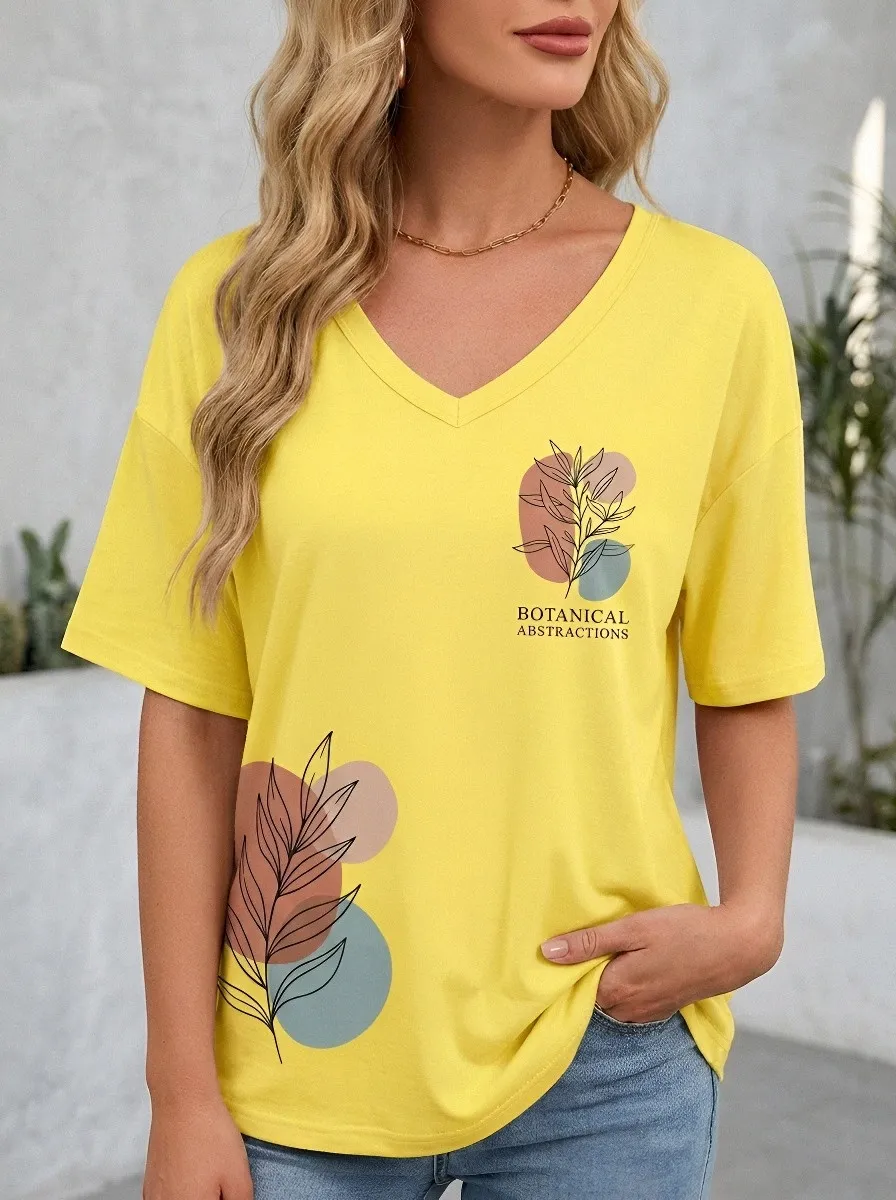Women's Botanical Abstract Leaf Line Art Printed V-Neck T-Shirt