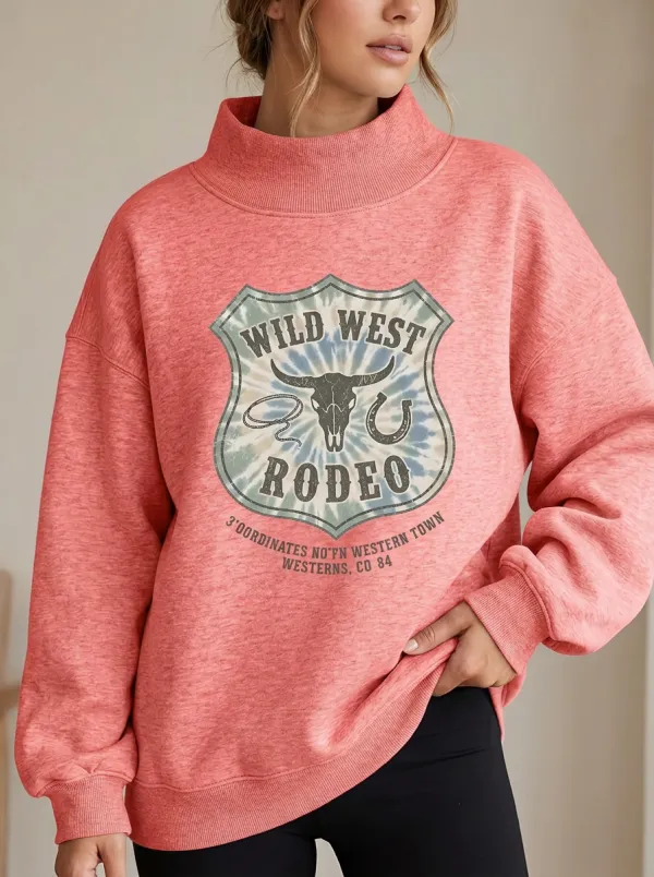 Wild West Rodeo Cow Skull Tie Dye Mock Neck Sweatshirt