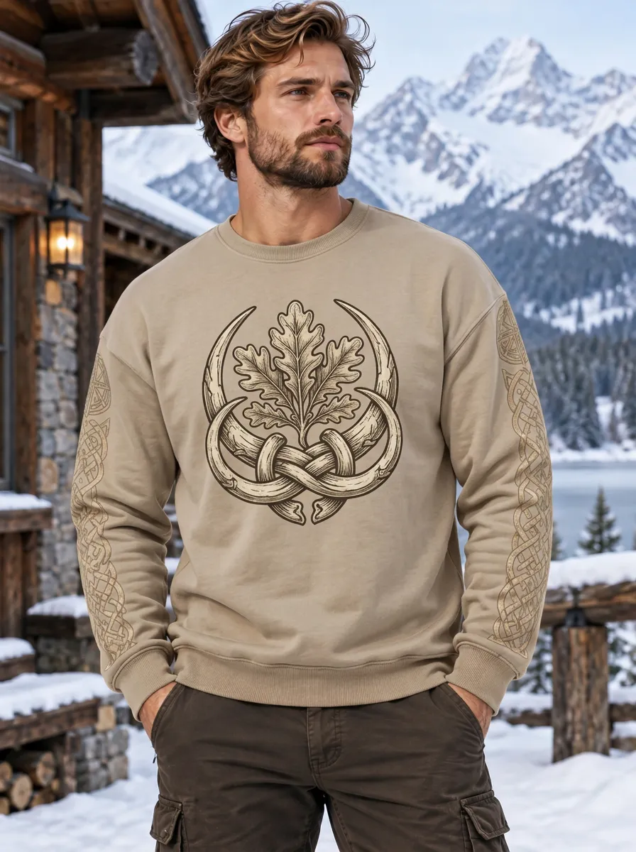 Men's Viking-Inspired Oak Leaf Tusk Graphic Crewneck Sweatshirt