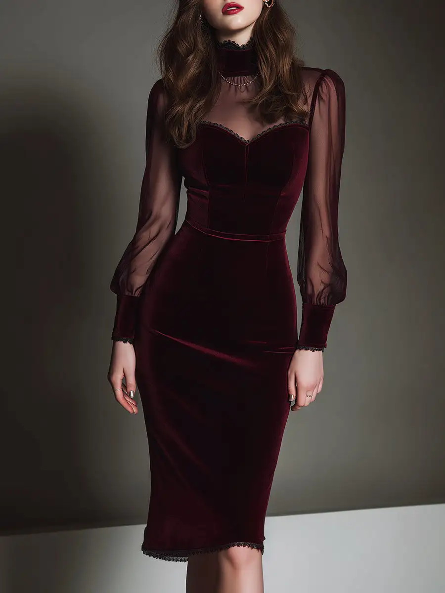 Elegant Mesh Polyester Velvet Stitching Sweetheart Neckline Slim Midi Dress