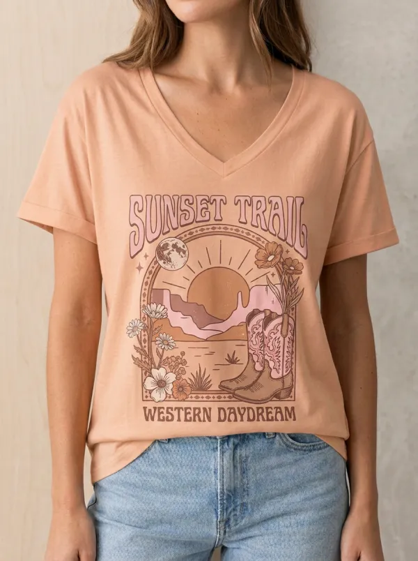 Women's Western Cowboy Boot Sunset Floral Printed V-Neck T-Shirt