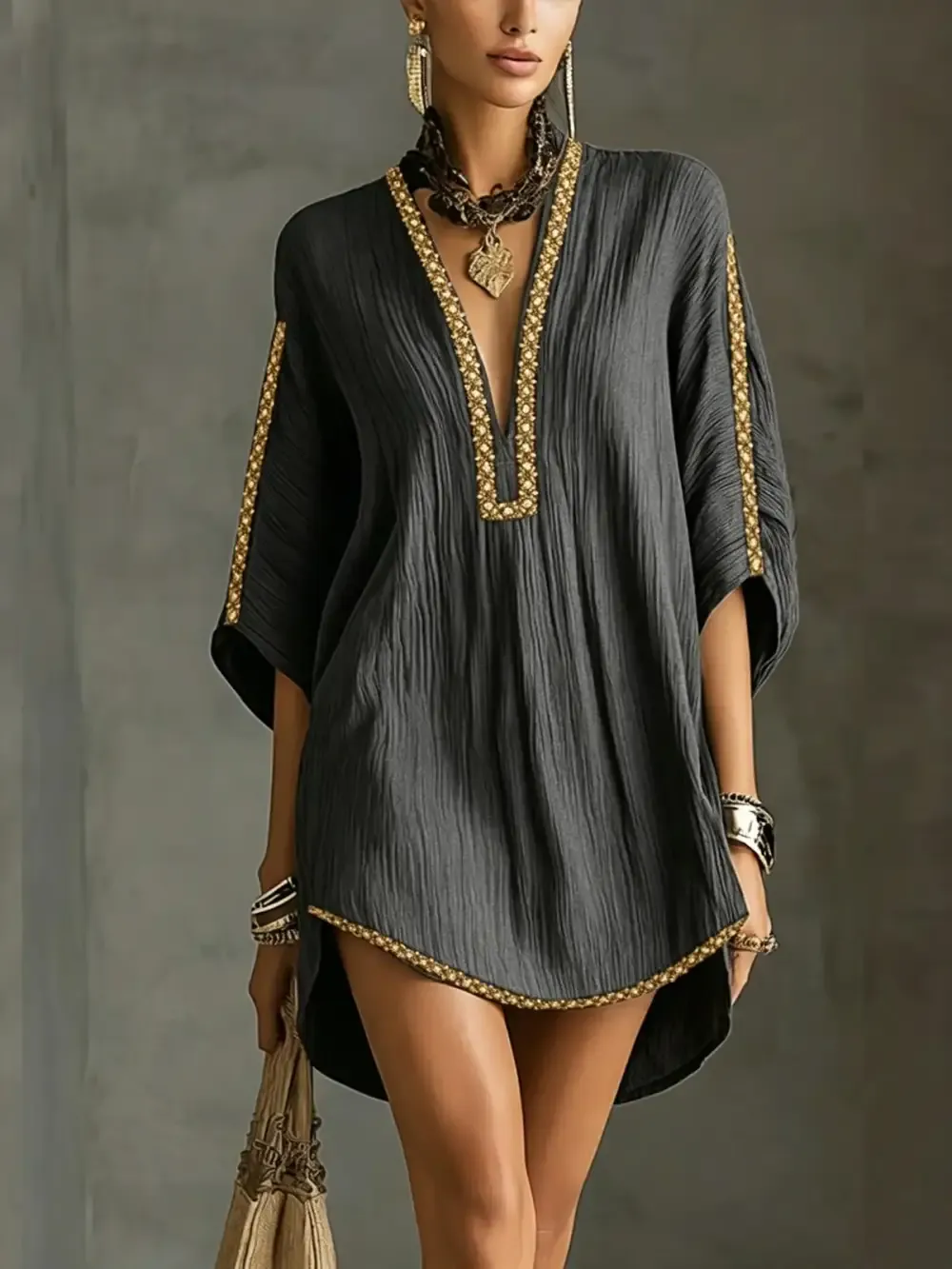 Minimalist Linen Blend Embroidered Short-sleeved Shirt Maxi Dress