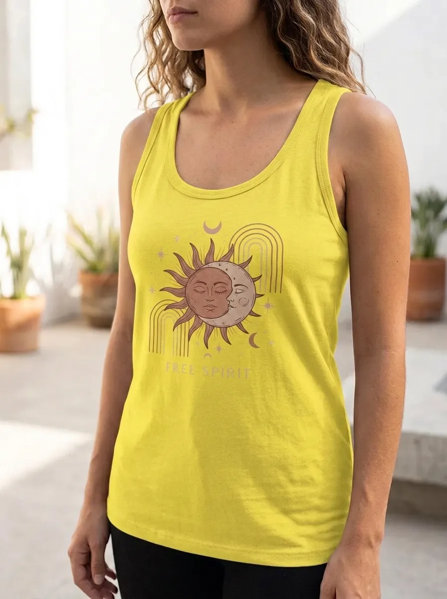 Women's Free Spirit Celestial Sun Moon Rainbow Printed Tank Top